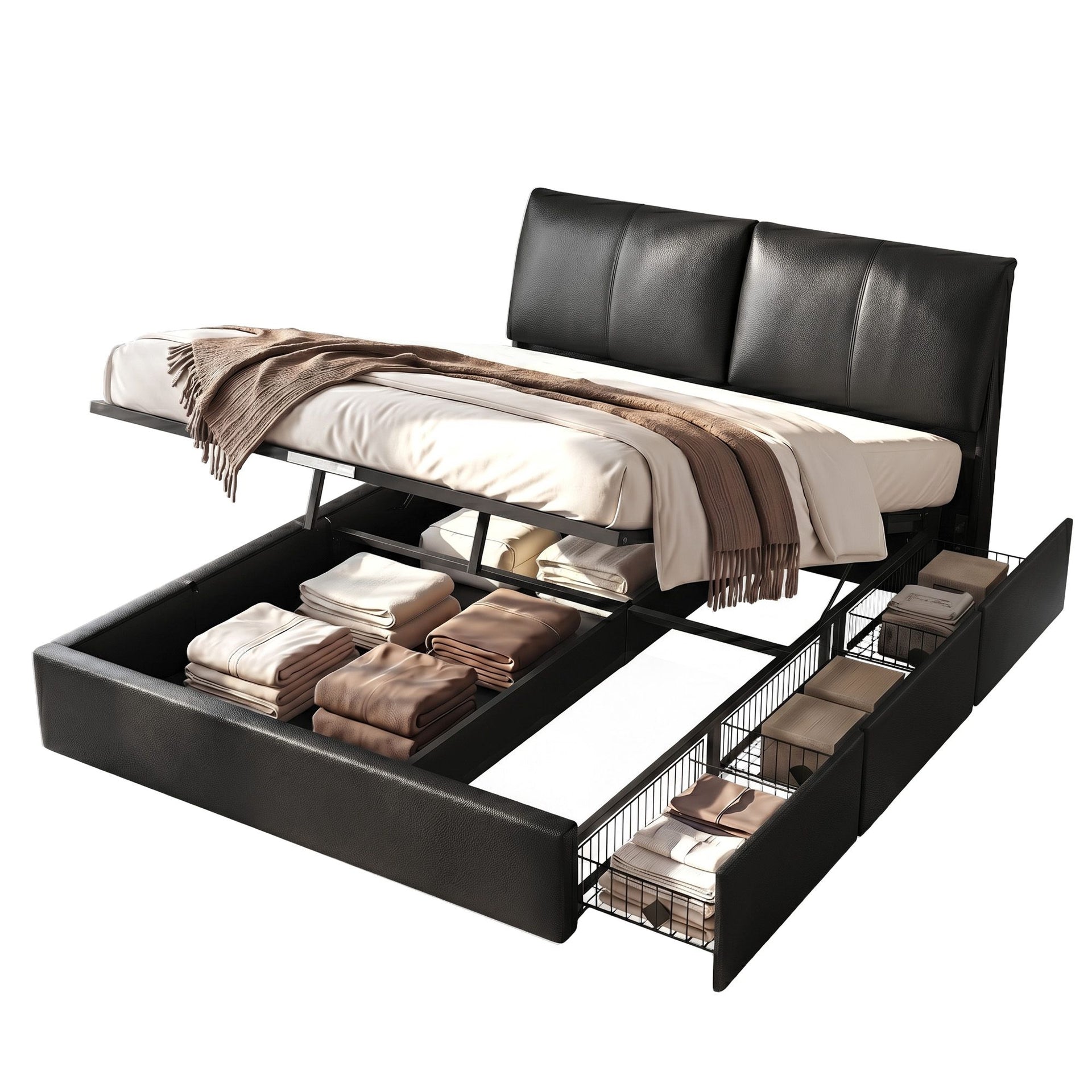Artiss King Bed Frame Gas Lift Storage 3 Drawers Adjustable Headboard Platform Bed Black Artiss