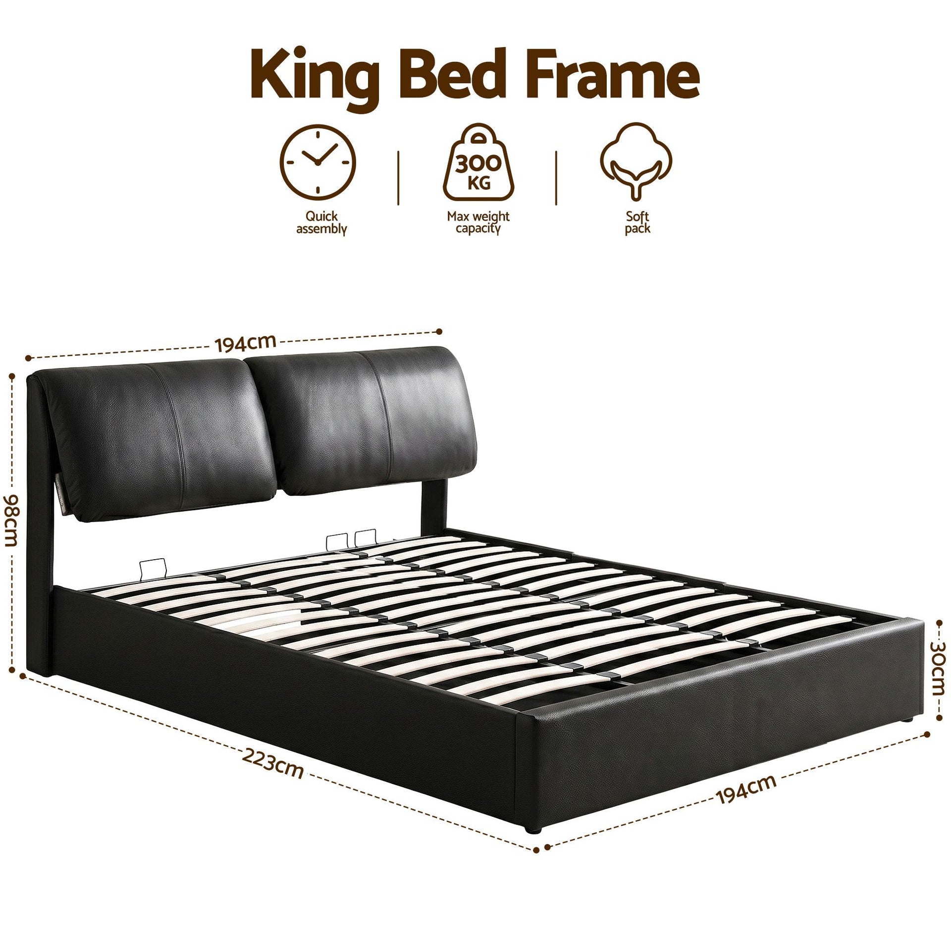 Artiss King Bed Frame Gas Lift Storage 3 Drawers Adjustable Headboard Platform Bed Black Artiss