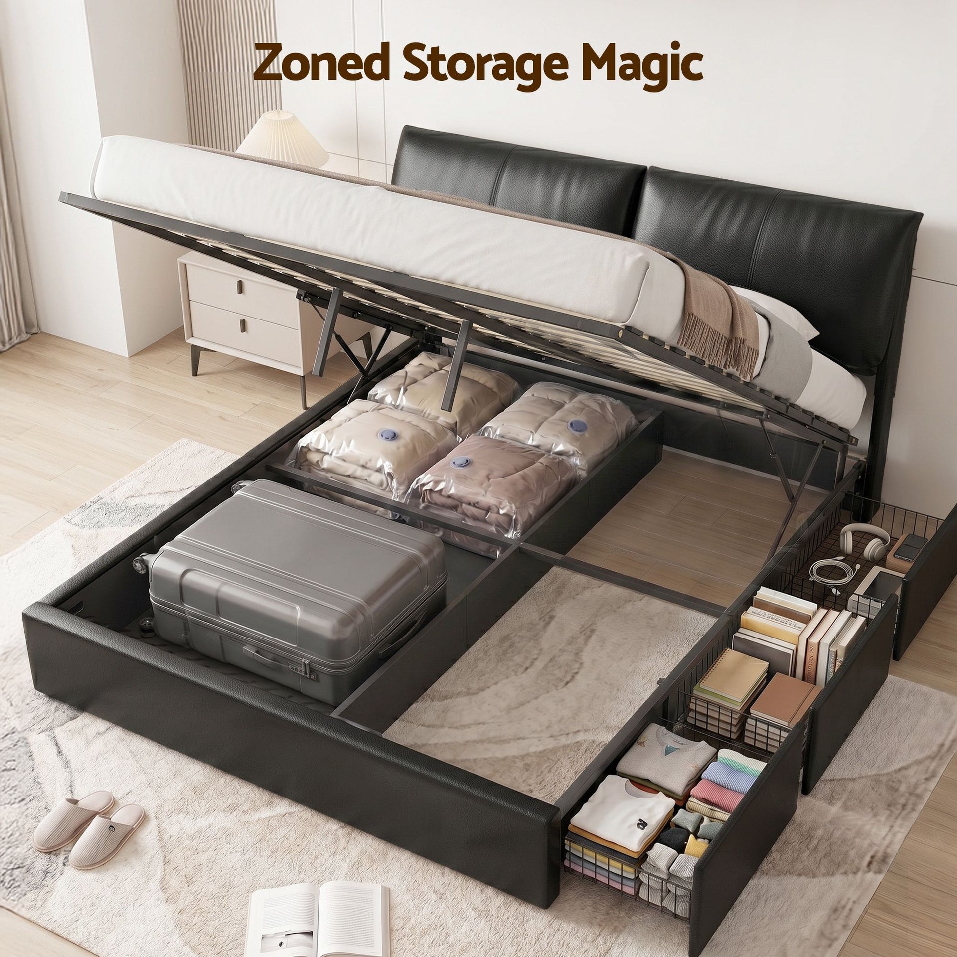 Artiss King Bed Frame Gas Lift Storage 3 Drawers Adjustable Headboard Platform Bed Black Artiss
