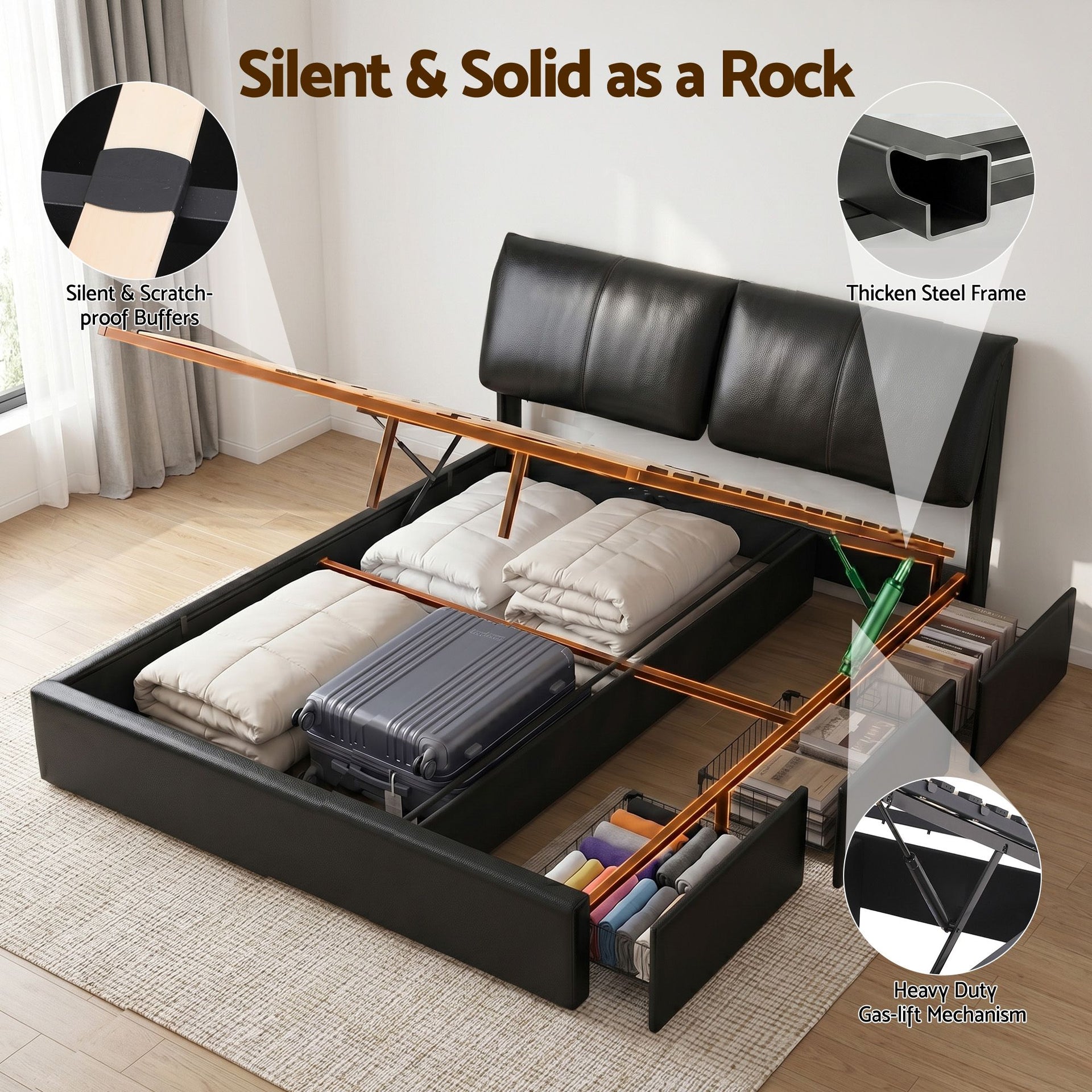 Artiss King Bed Frame Gas Lift Storage 3 Drawers Adjustable Headboard Platform Bed Black Artiss