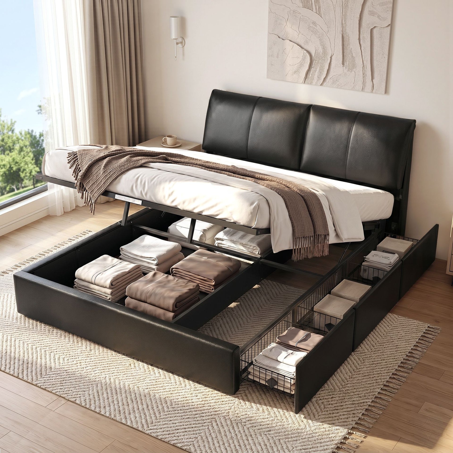 Artiss King Bed Frame Gas Lift Storage 3 Drawers Adjustable Headboard Platform Bed Black Artiss