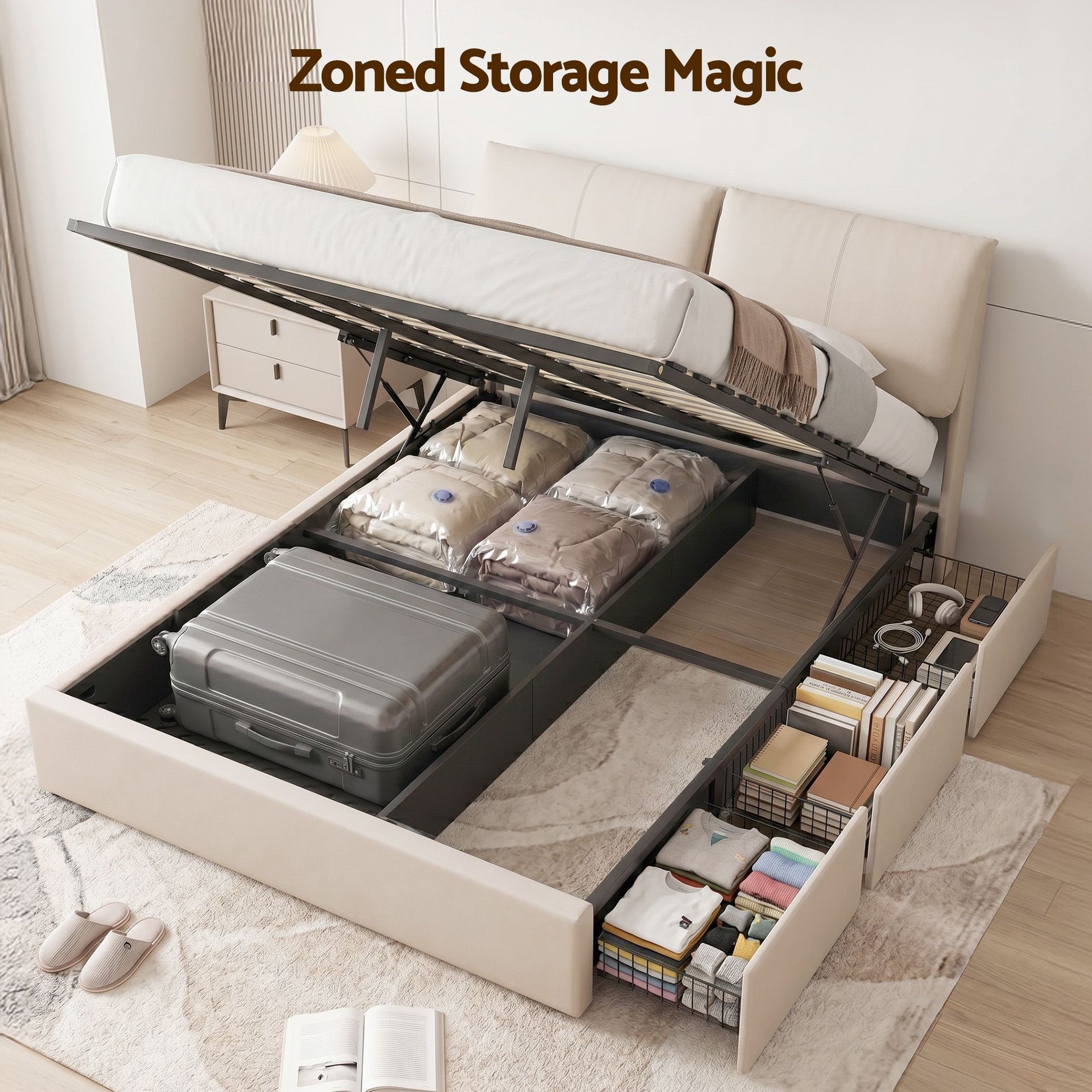 Artiss Queen Bed Frame Gas Lift Storage 3 Drawers Adjustable Headboard Platform Base Artiss