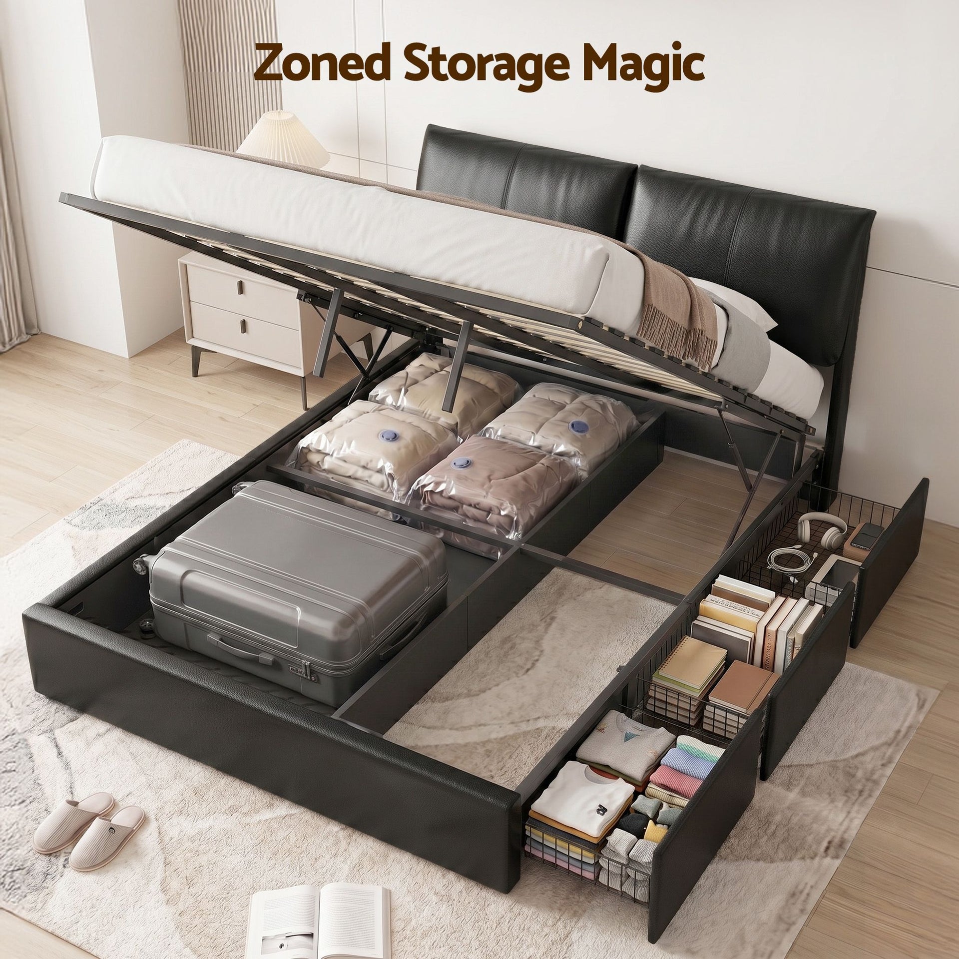 Artiss Queen Bed Frame Gas Lift Storage 3 Drawers Adjustable Headboard Platform Bed Black Artiss