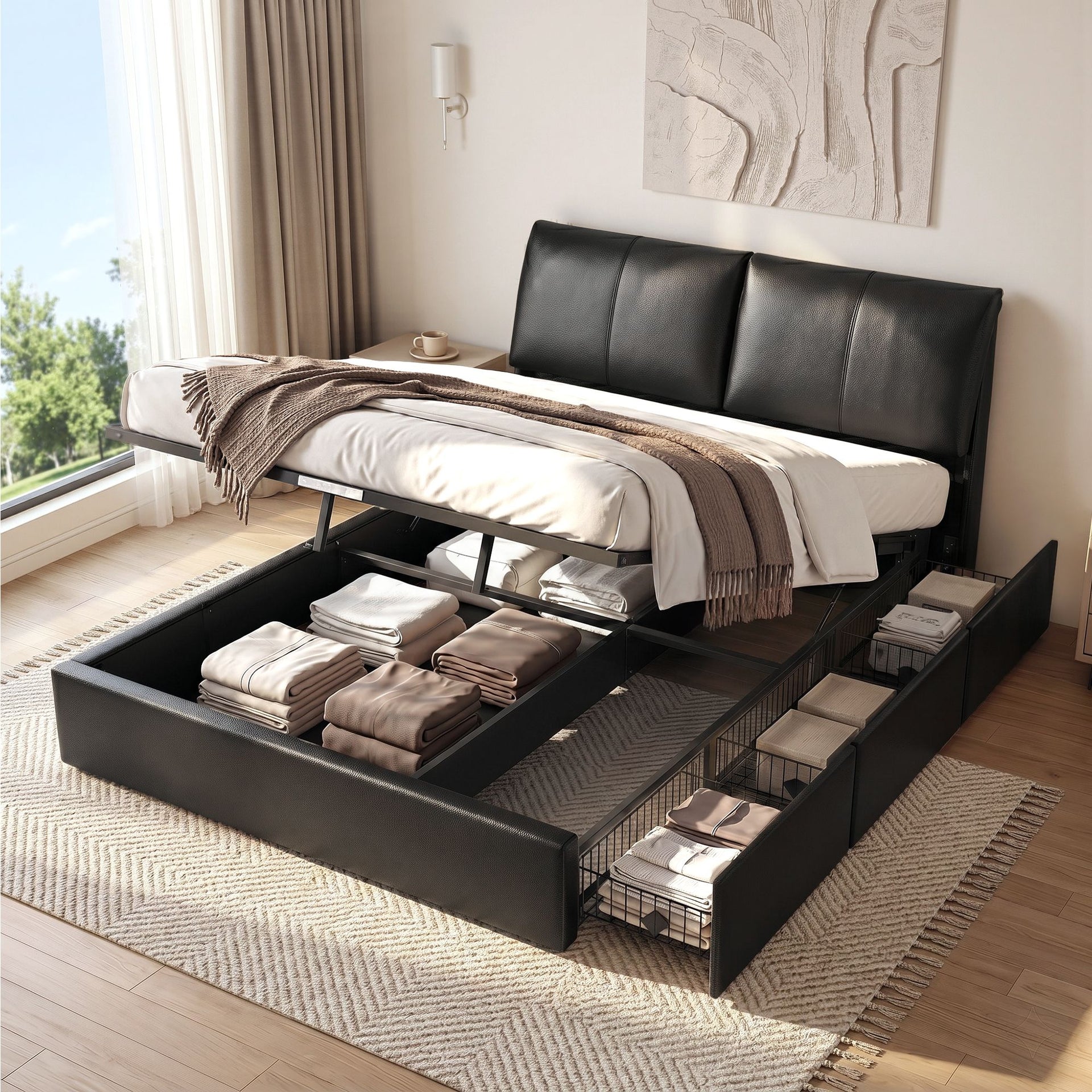 Artiss Queen Bed Frame Gas Lift Storage 3 Drawers Adjustable Headboard Platform Bed Black Artiss