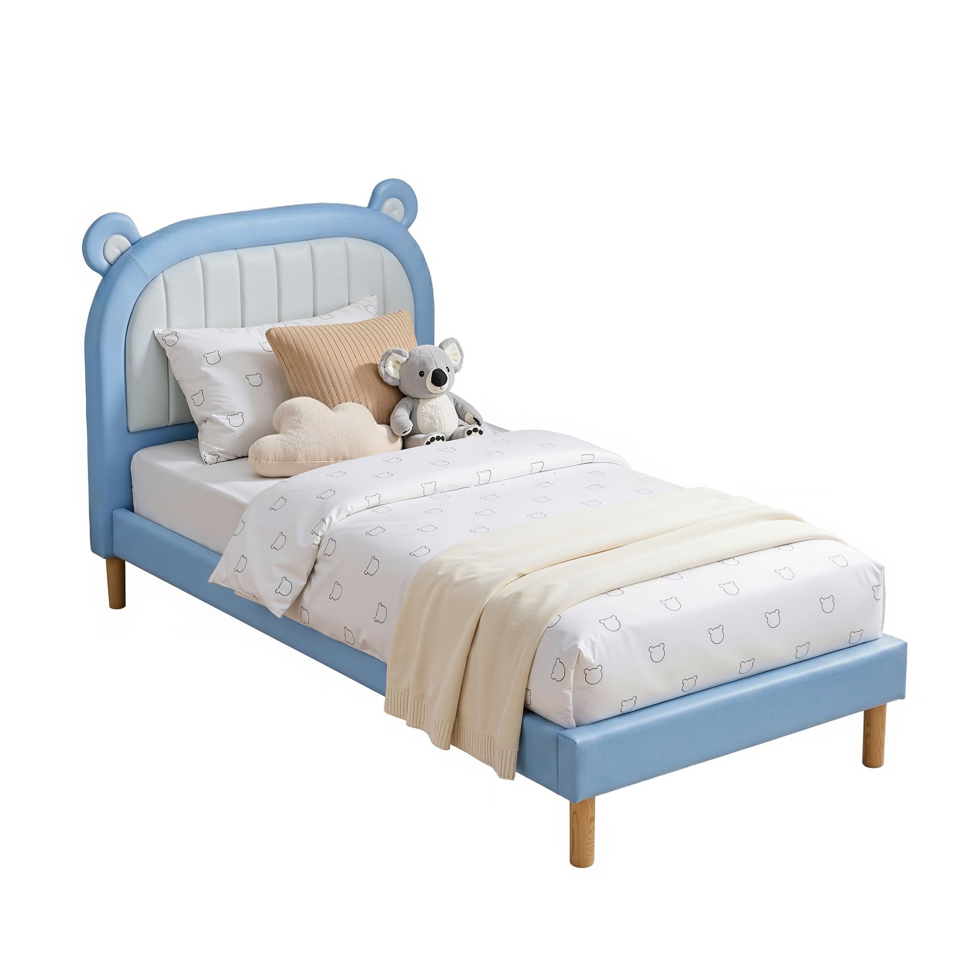Artiss Kids King Single Bed Frame Upholstered Bear Headboard Waterproof Leather Boys Bed 180kg Capacity Blue and White Awezingly