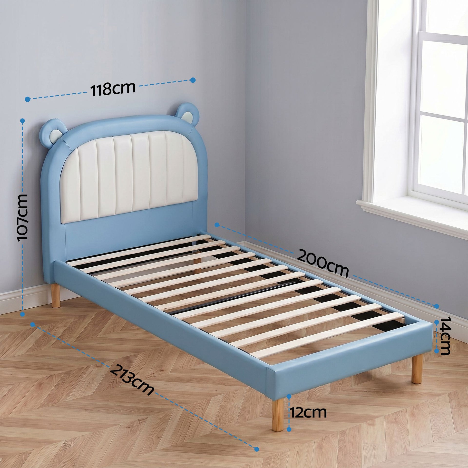 Artiss Kids King Single Bed Frame Upholstered Bear Headboard Waterproof Leather Boys Bed 180kg Capacity Blue and White Awezingly