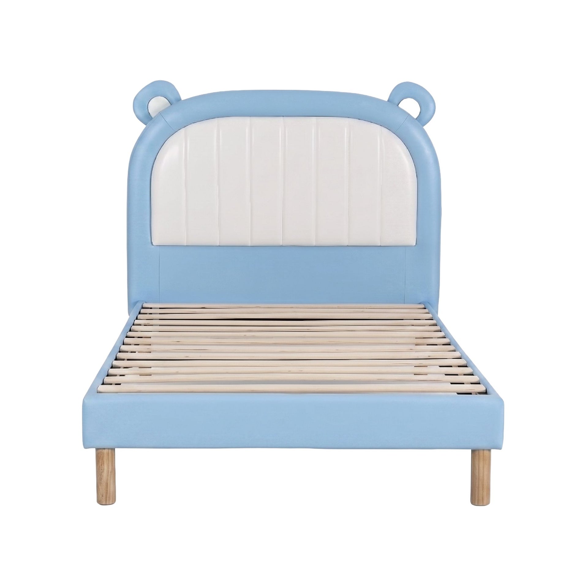 Artiss Kids King Single Bed Frame Upholstered Bear Headboard Waterproof Leather Boys Bed 180kg Capacity Blue and White Awezingly