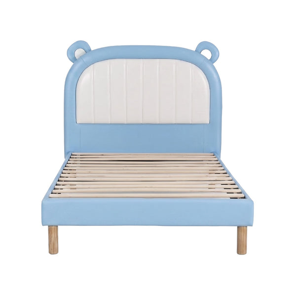 Artiss Kids King Single Bed Frame Upholstered Bear Headboard Waterproof Leather Boys Bed 180kg Capacity Blue and White Awezingly