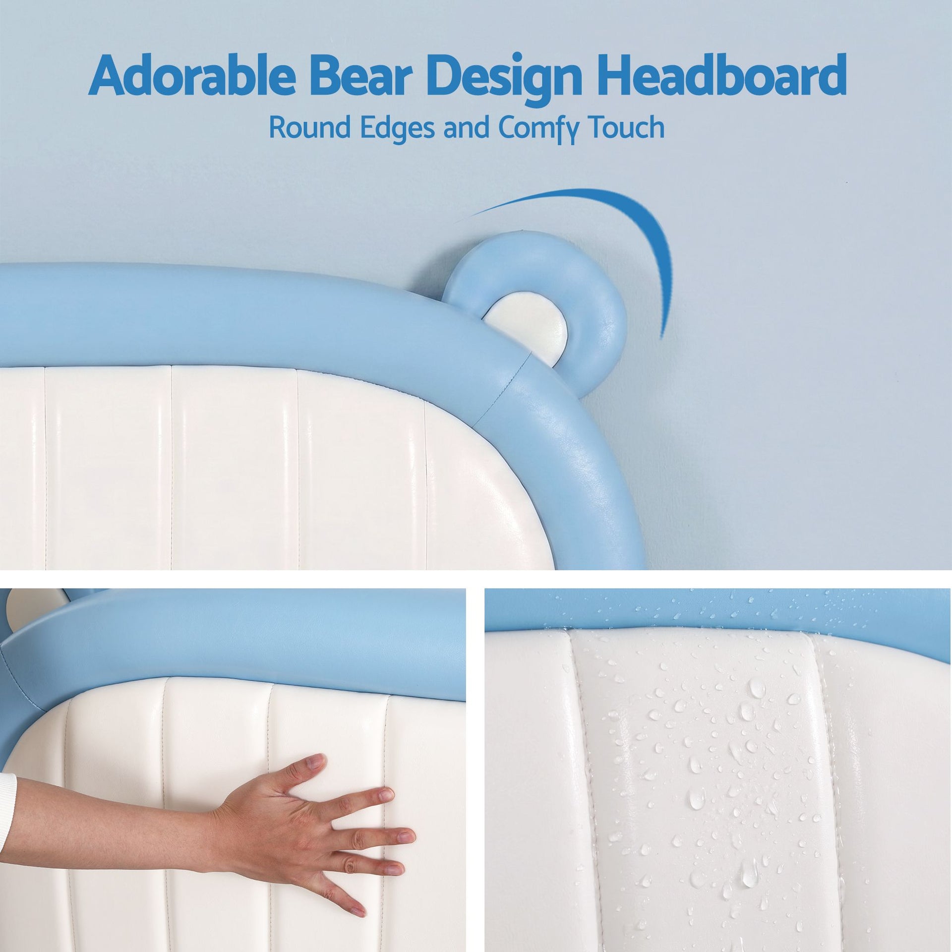 Artiss Kids King Single Bed Frame Upholstered Bear Headboard Waterproof Leather Boys Bed 180kg Capacity Blue and White Awezingly