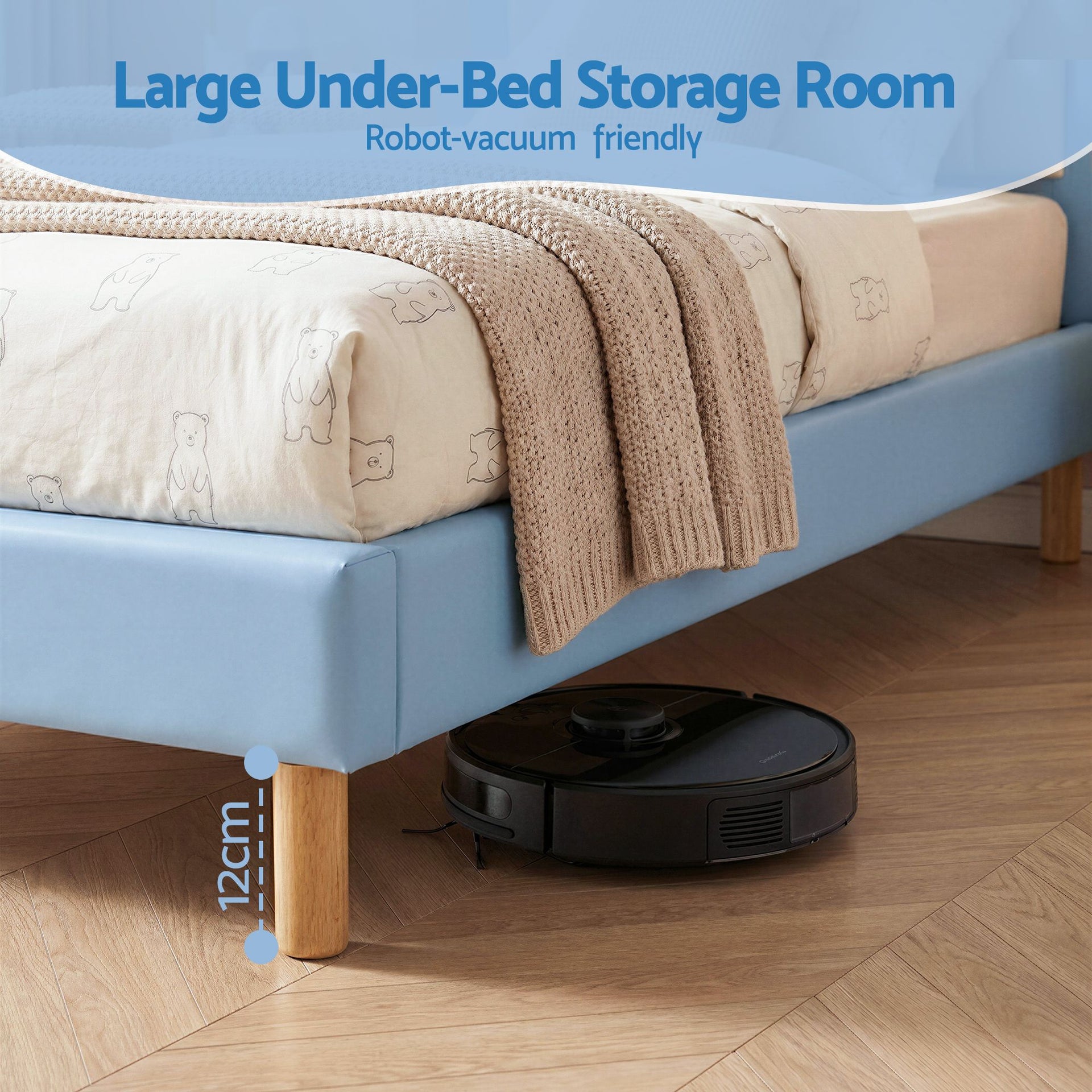 Artiss Kids King Single Bed Frame Upholstered Bear Headboard Waterproof Leather Boys Bed 180kg Capacity Blue and White Awezingly