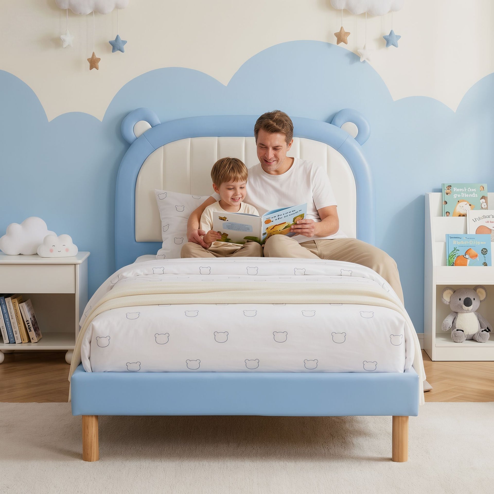 Artiss Kids King Single Bed Frame Upholstered Bear Headboard Waterproof Leather Boys Bed 180kg Capacity Blue and White Awezingly