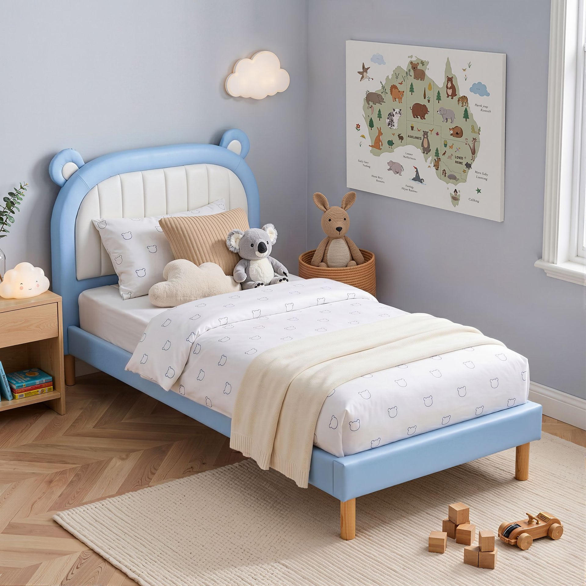 Artiss Kids King Single Bed Frame Upholstered Bear Headboard Waterproof Leather Boys Bed 180kg Capacity Blue and White Awezingly