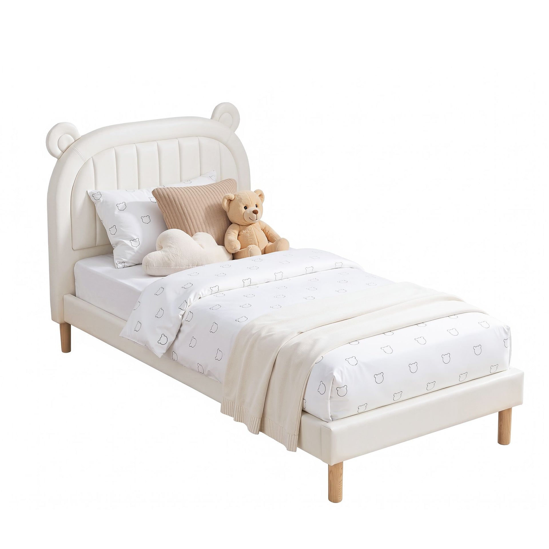 Artiss Kids King Single Bed Frame Bear Ears Headboard Upholstered Leather Platform Bed for Child Awezingly