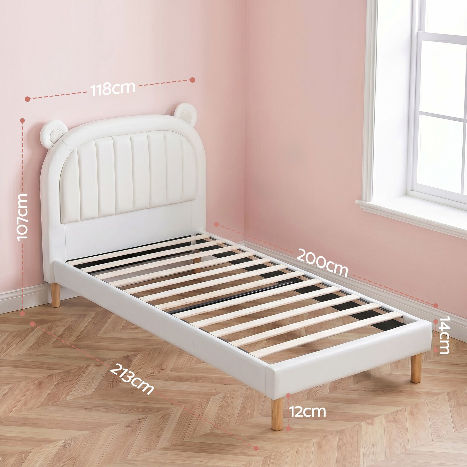 Artiss Kids King Single Bed Frame Bear Ears Headboard Upholstered Leather Platform Bed for Child Awezingly