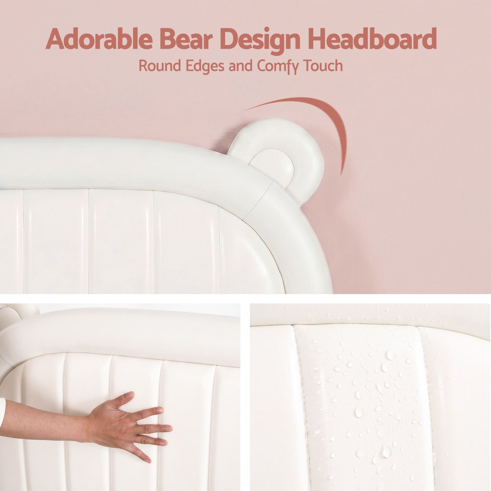 Artiss Kids King Single Bed Frame Bear Ears Headboard Upholstered Leather Platform Bed for Child Awezingly