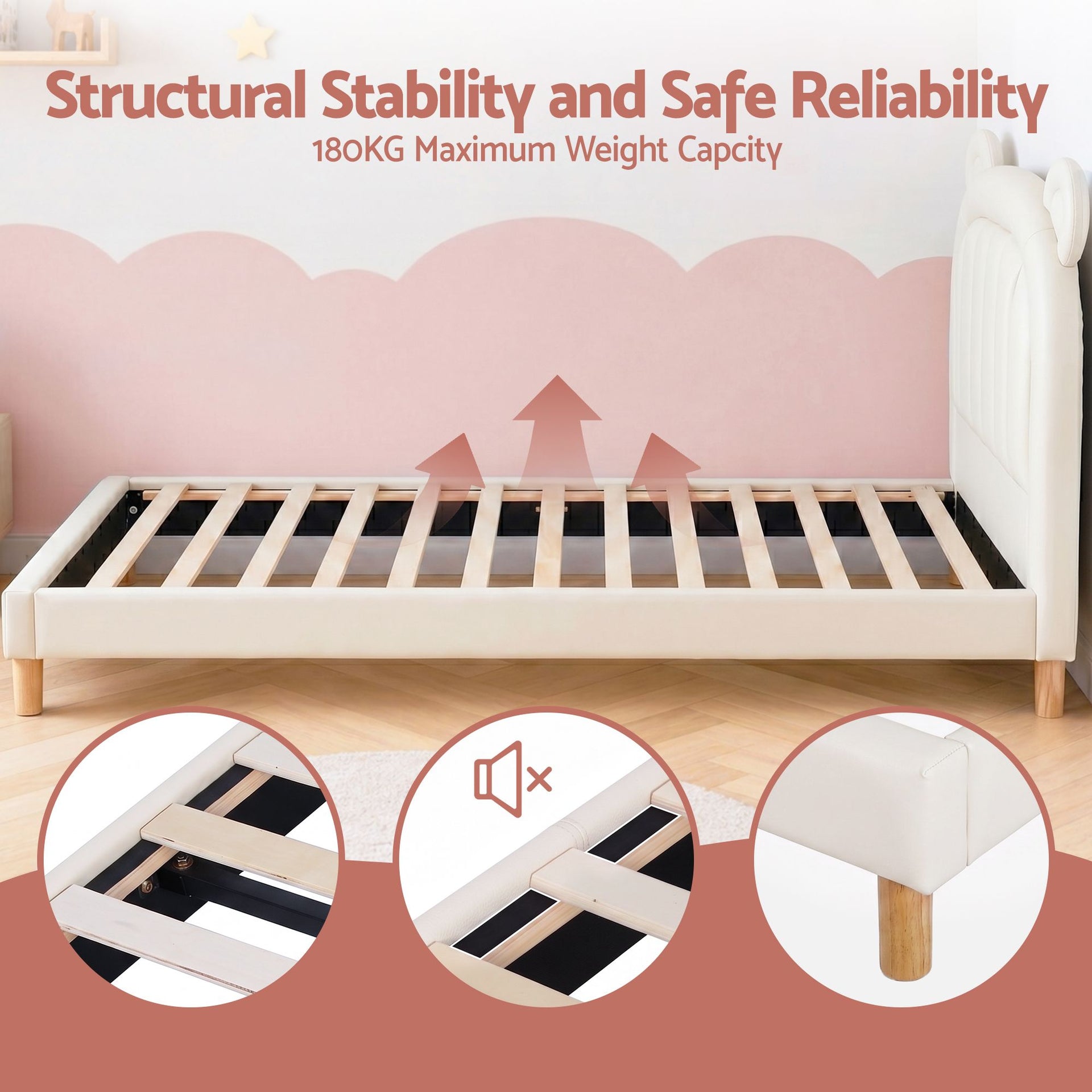 Artiss Kids King Single Bed Frame Bear Ears Headboard Upholstered Leather Platform Bed for Child Awezingly