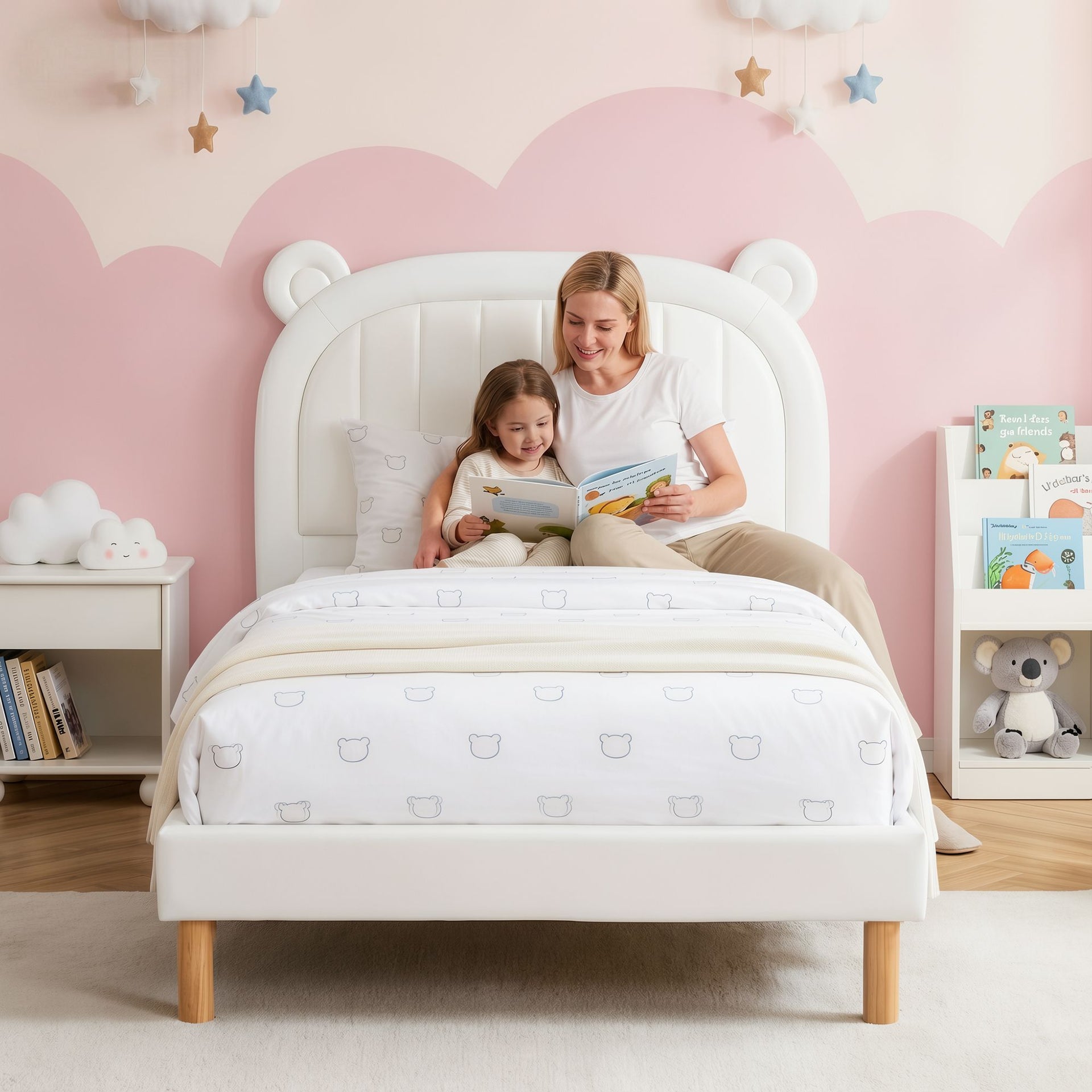 Artiss Kids King Single Bed Frame Bear Ears Headboard Upholstered Leather Platform Bed for Child Awezingly
