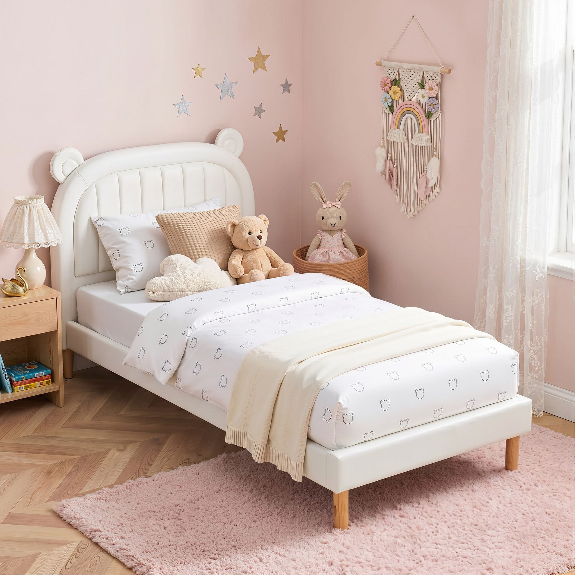 Artiss Kids King Single Bed Frame Bear Ears Headboard Upholstered Leather Platform Bed for Child Awezingly