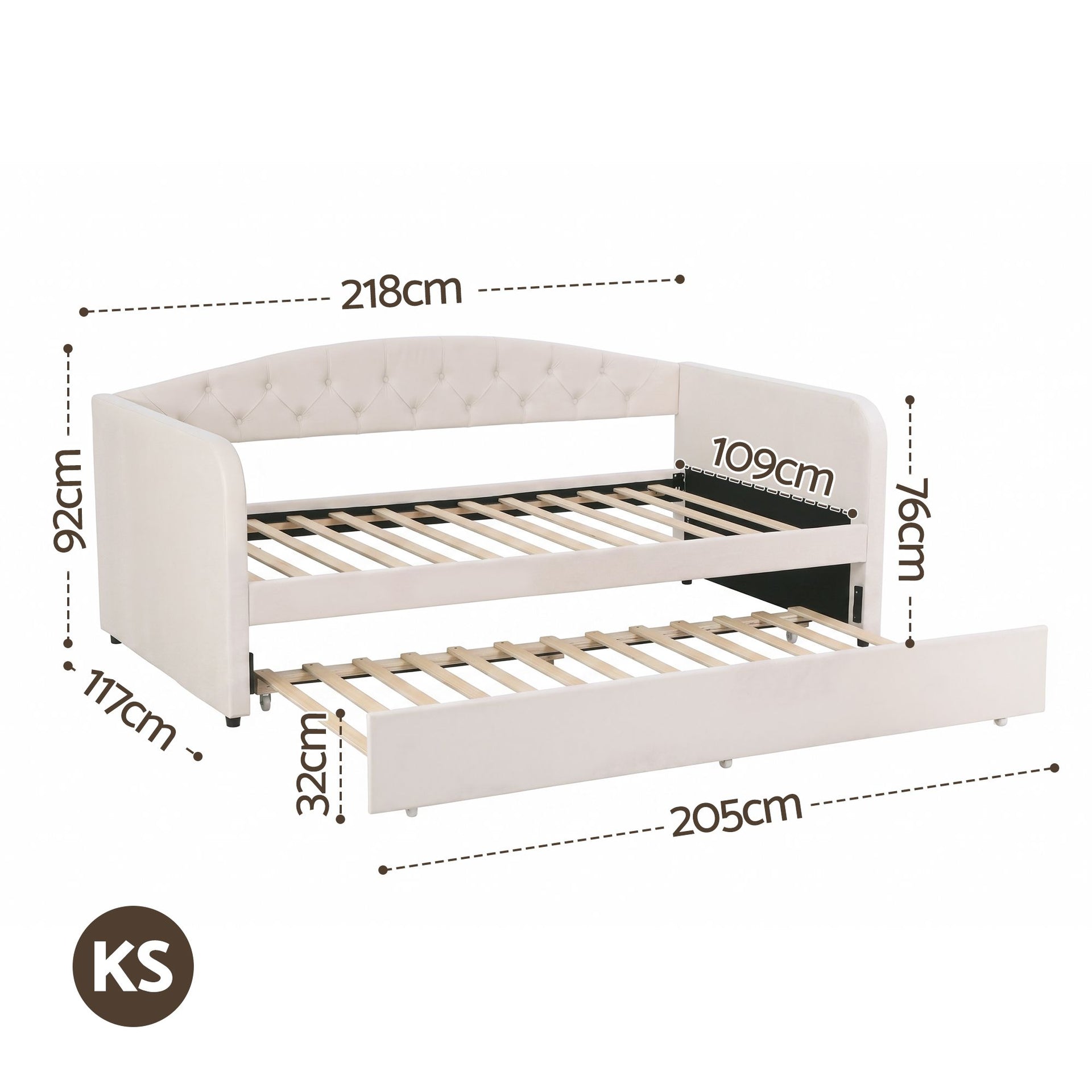 Artiss King Single Daybed Velvet Trundle Bed Frame Tufted Guest Bed Artiss