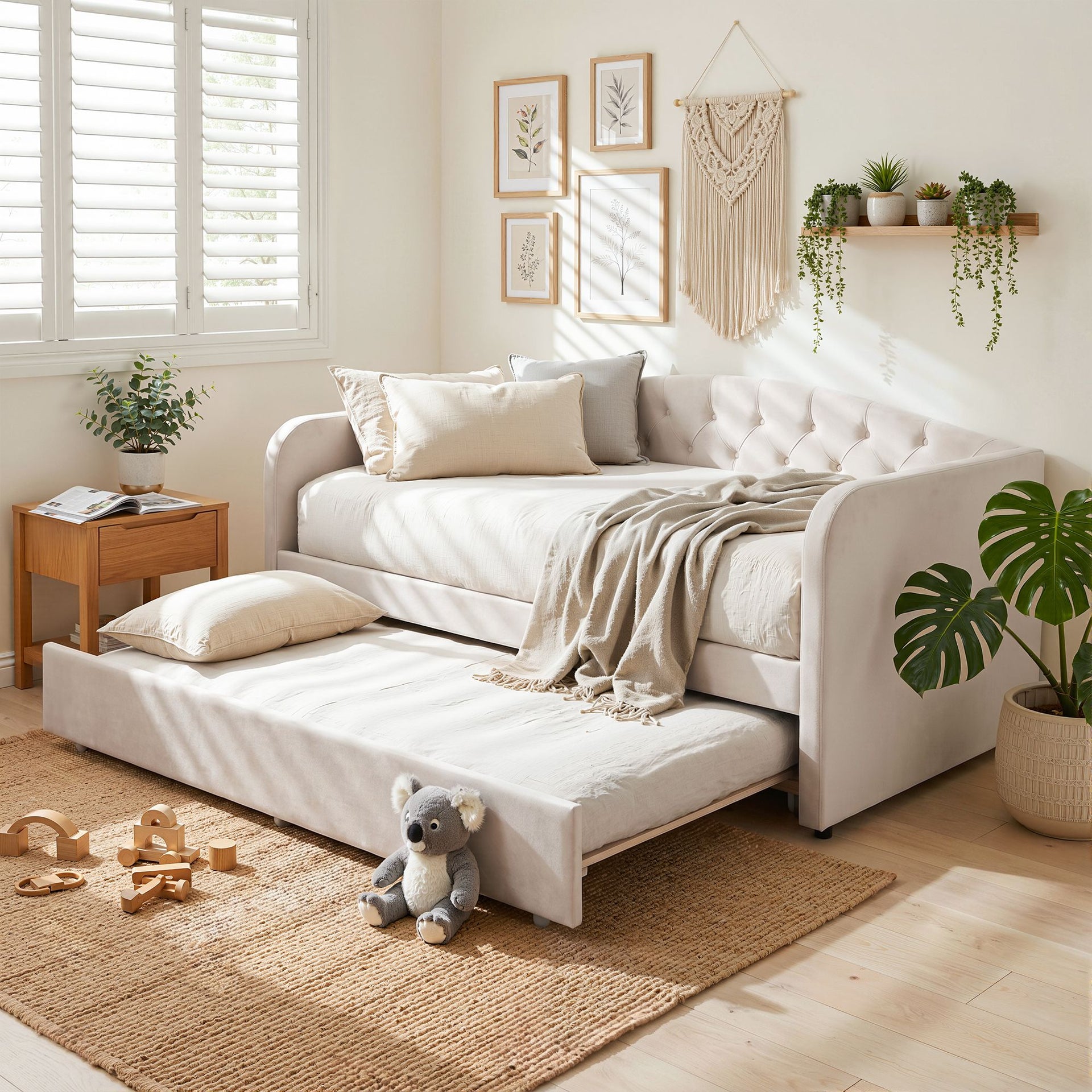 Artiss King Single Daybed Velvet Trundle Bed Frame Tufted Guest Bed Artiss