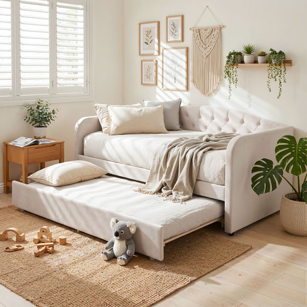 Artiss Single Daybed Velvet Trundle Bed Frame Tufted Guest Bed Artiss