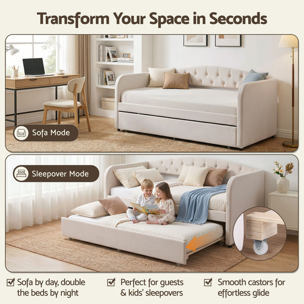 Artiss Single Daybed Velvet Trundle Bed Frame Tufted Guest Bed Artiss
