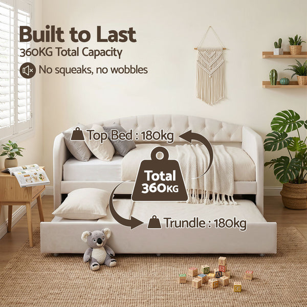 Artiss Single Daybed Velvet Trundle Bed Frame Tufted Guest Bed Artiss