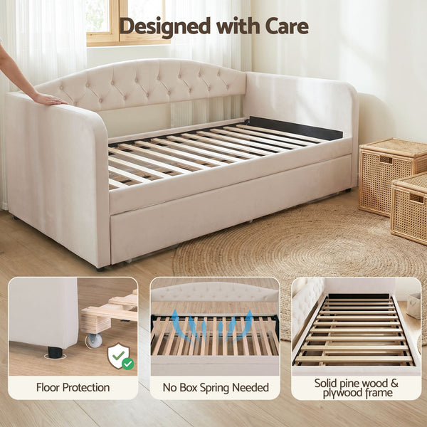 Artiss Single Daybed Velvet Trundle Bed Frame Tufted Guest Bed Artiss