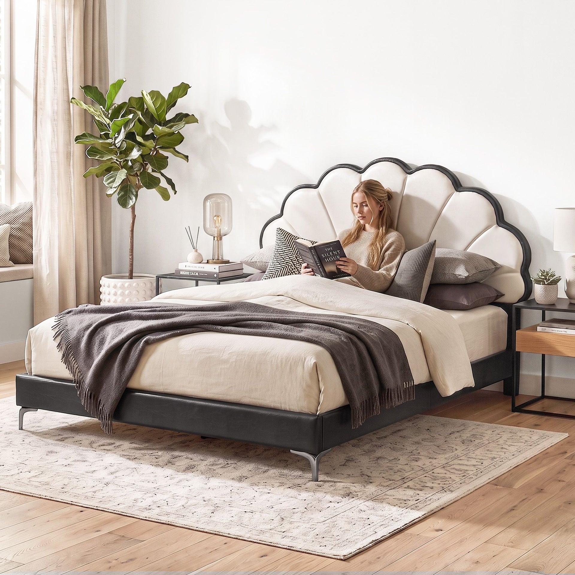 Artiss Queen Bed Frame with Adjustable Shell Headboard and PVC Upholstery Artiss
