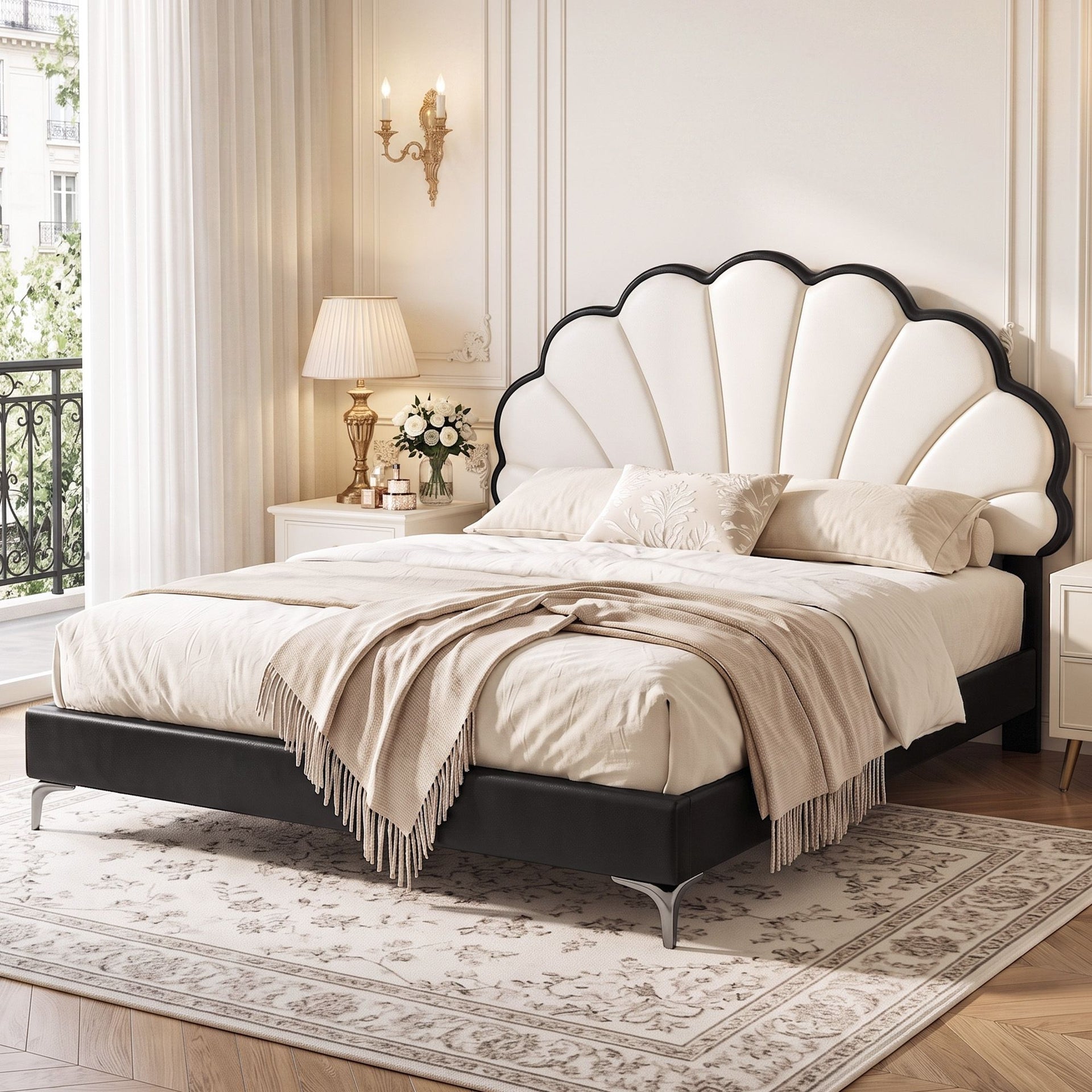 Artiss Queen Bed Frame with Adjustable Shell Headboard and PVC Upholstery Artiss