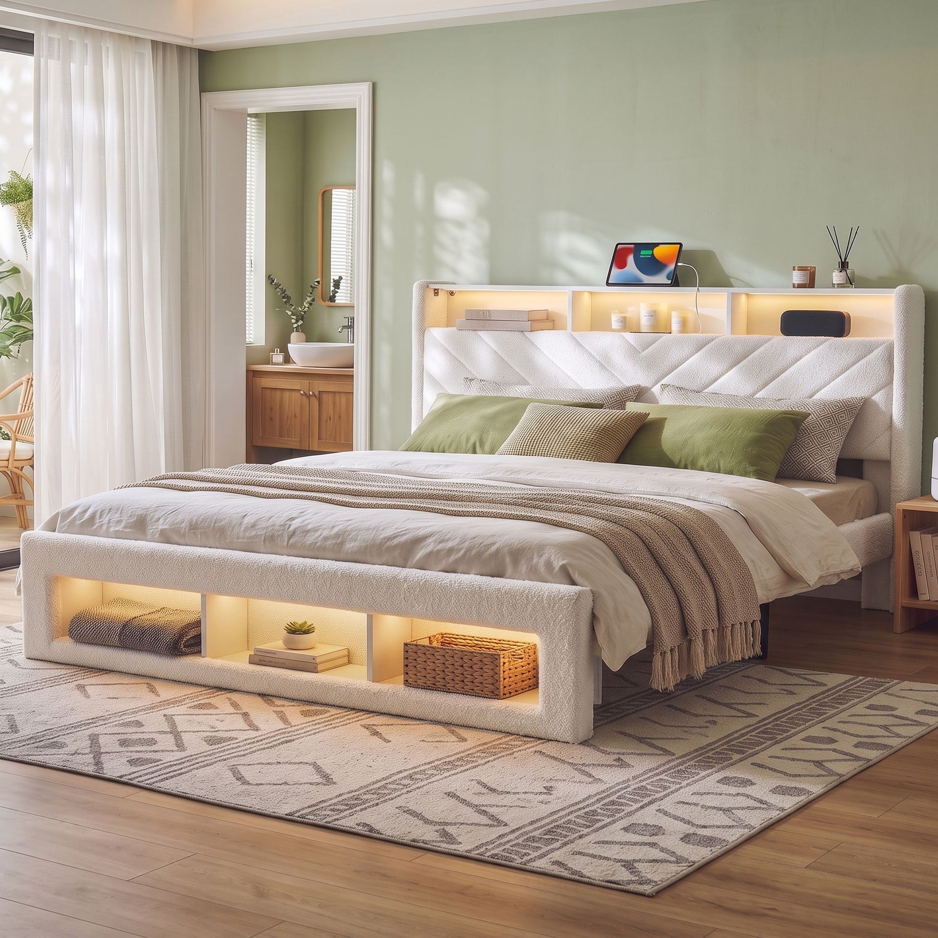 Artiss King Bed Frame with Storage, Charging Station & LED, White Awezingly