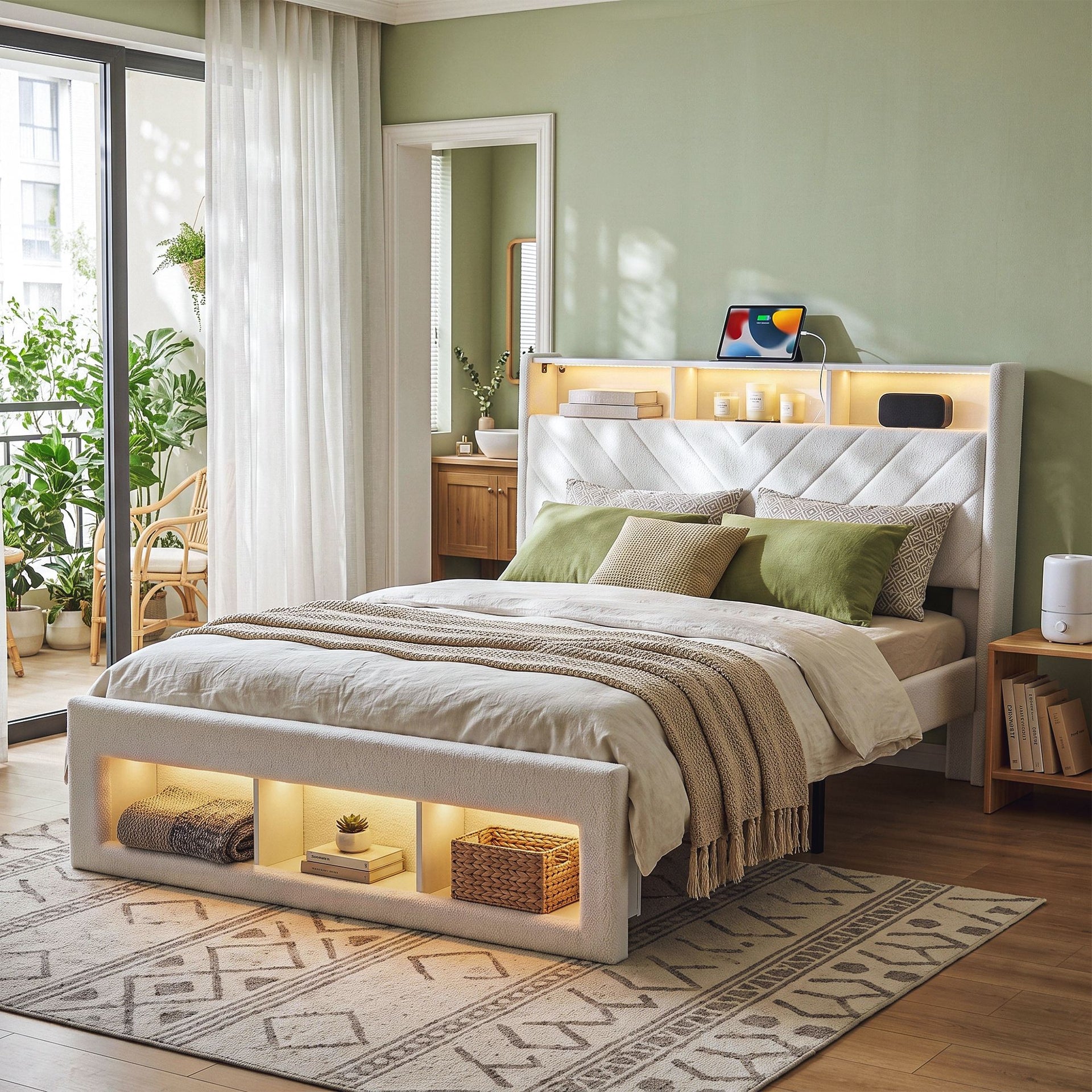 Artiss Queen Bed Frame with Storage Charging Station & LED White Awezingly