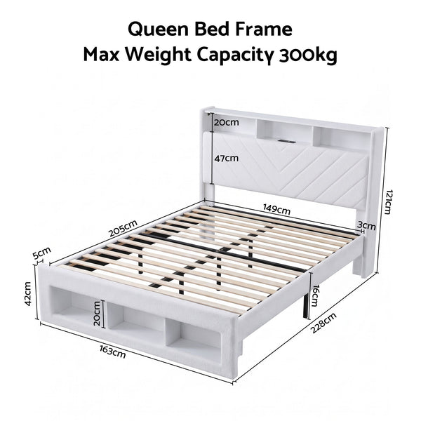 Artiss Queen Bed Frame with Storage Charging Station & LED White Awezingly