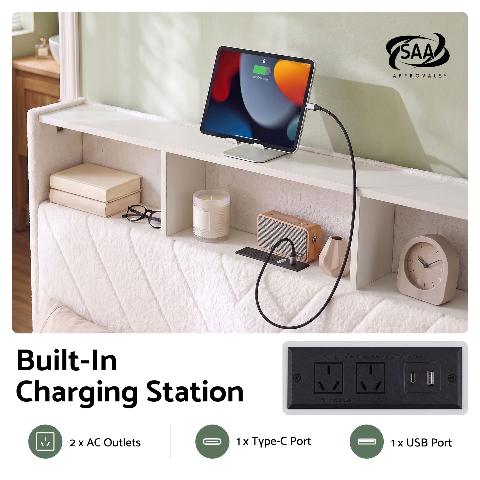 Artiss Queen Bed Frame with Storage Charging Station & LED White Awezingly