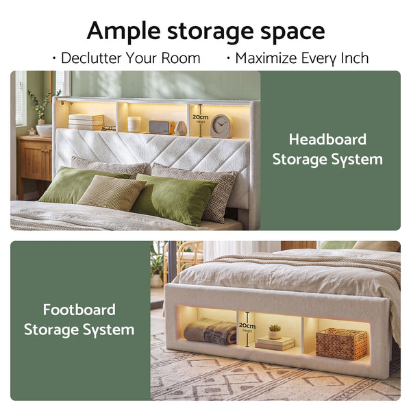 Artiss Queen Bed Frame with Storage Charging Station & LED White Awezingly