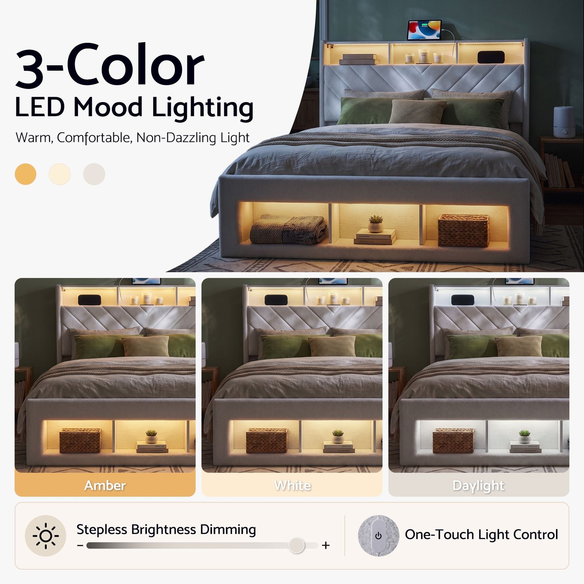 Artiss Queen Bed Frame with Storage Charging Station & LED White Awezingly
