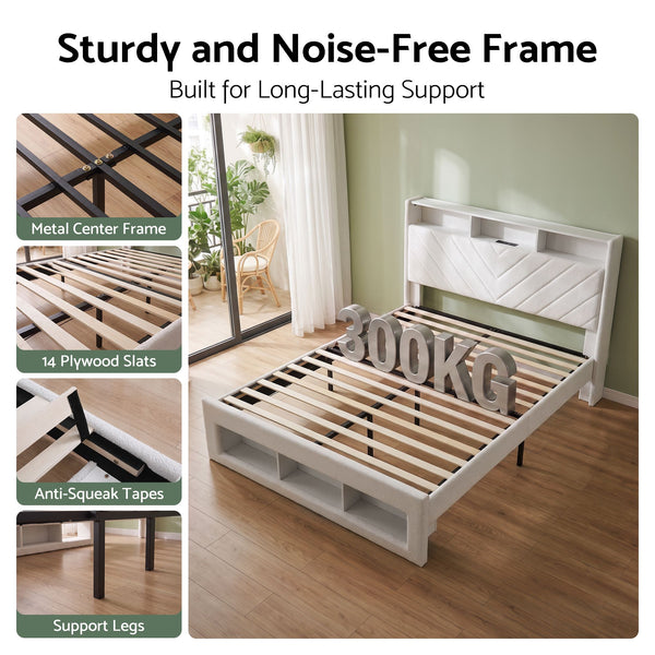Artiss Queen Bed Frame with Storage Charging Station & LED White Awezingly