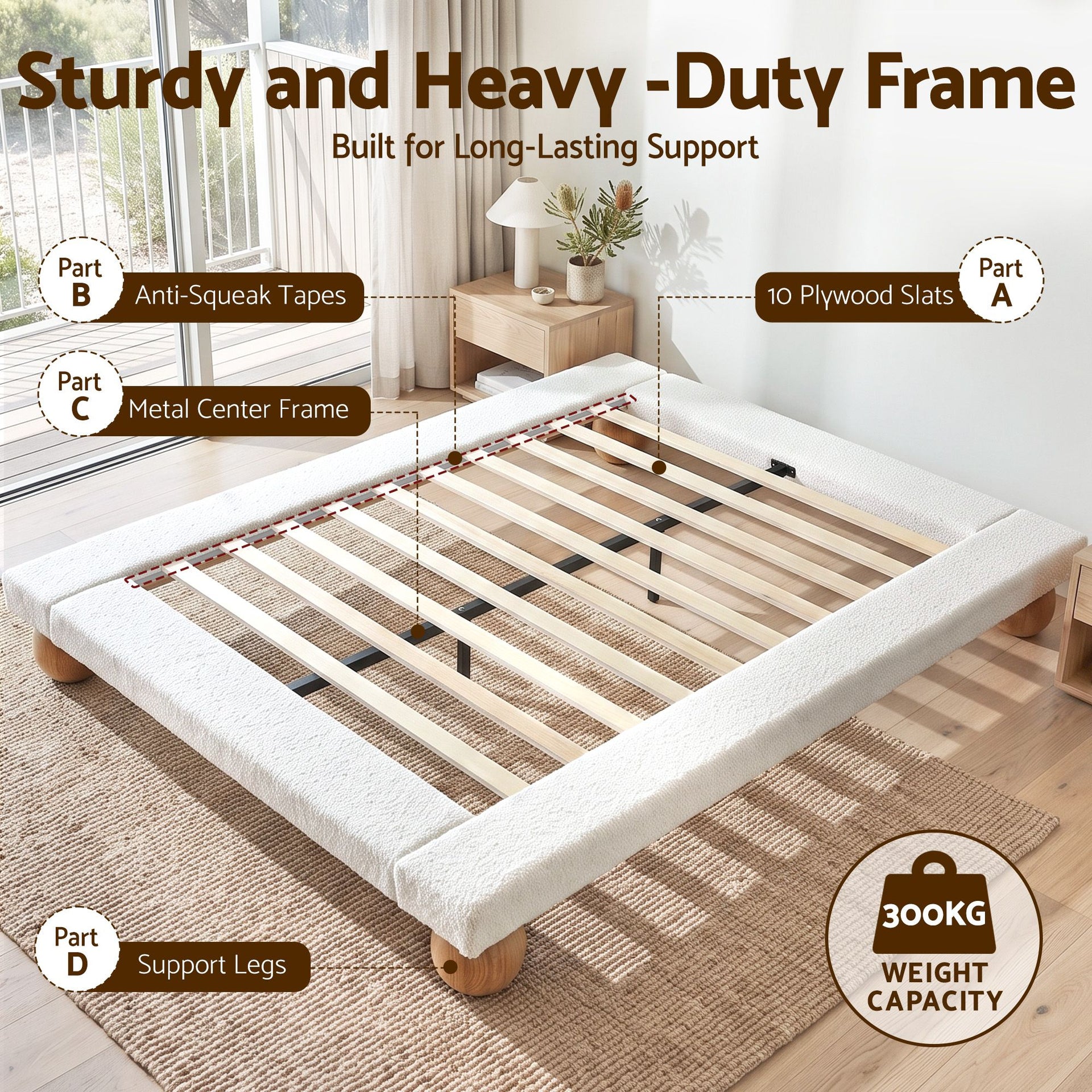 Artiss Queen Bed Frame with Boucle Upholstery and Solid Rubber Wood Legs Artiss