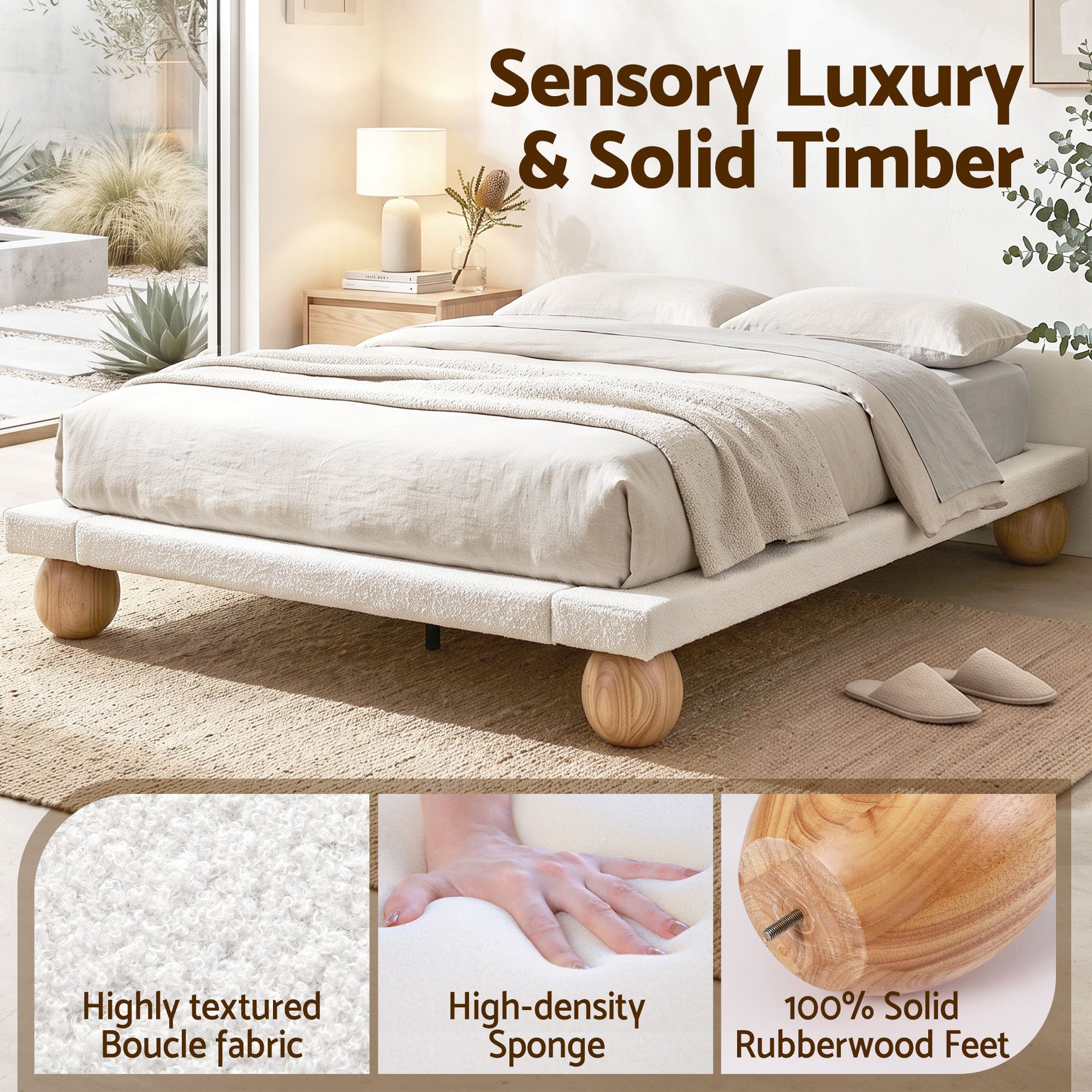 Artiss Queen Bed Frame with Boucle Upholstery and Solid Rubber Wood Legs Artiss