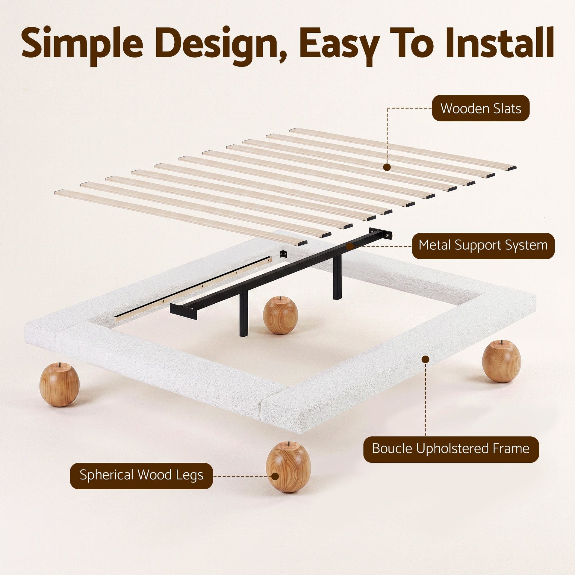 Artiss Queen Bed Frame with Boucle Upholstery and Solid Rubber Wood Legs Artiss