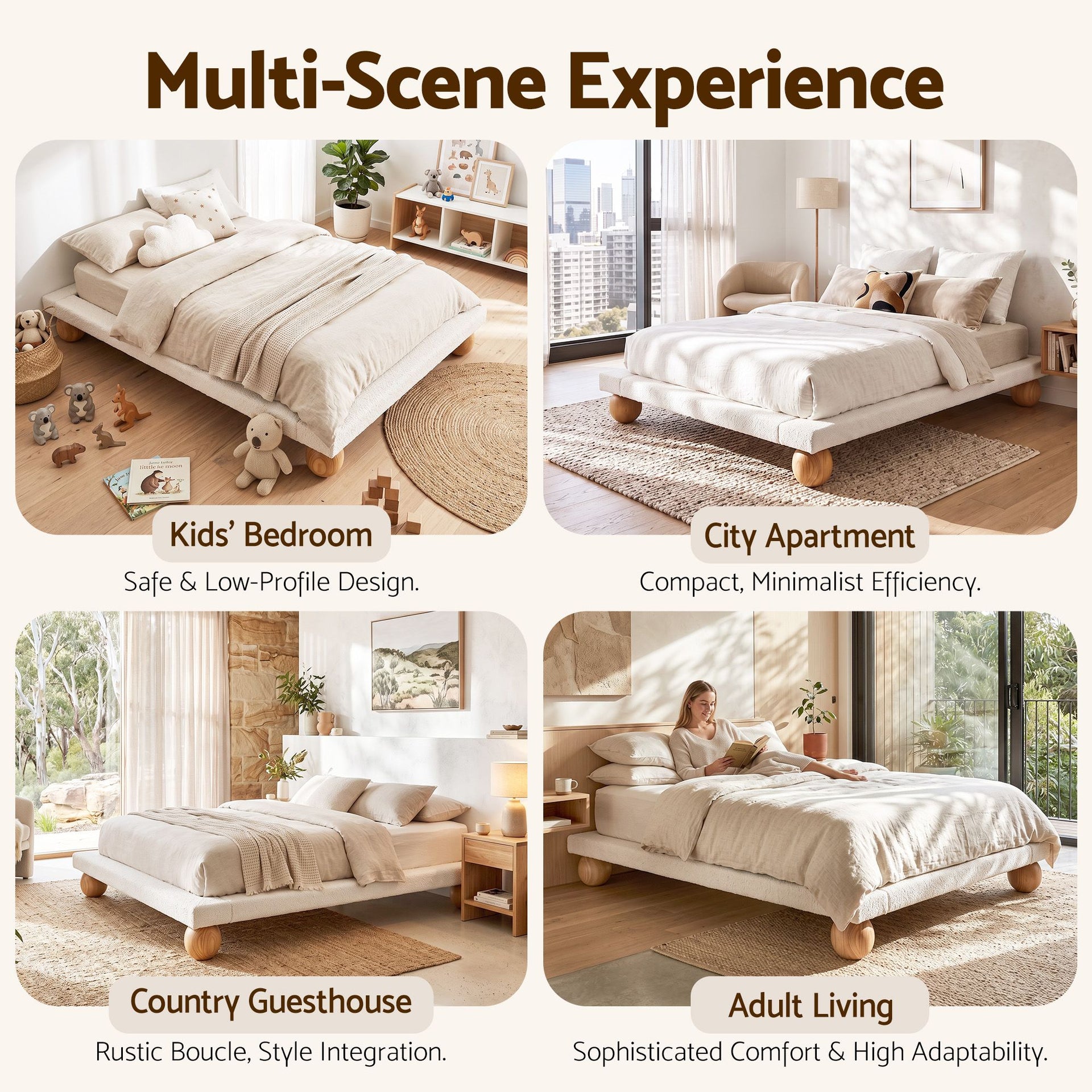Artiss Queen Bed Frame with Boucle Upholstery and Solid Rubber Wood Legs Artiss