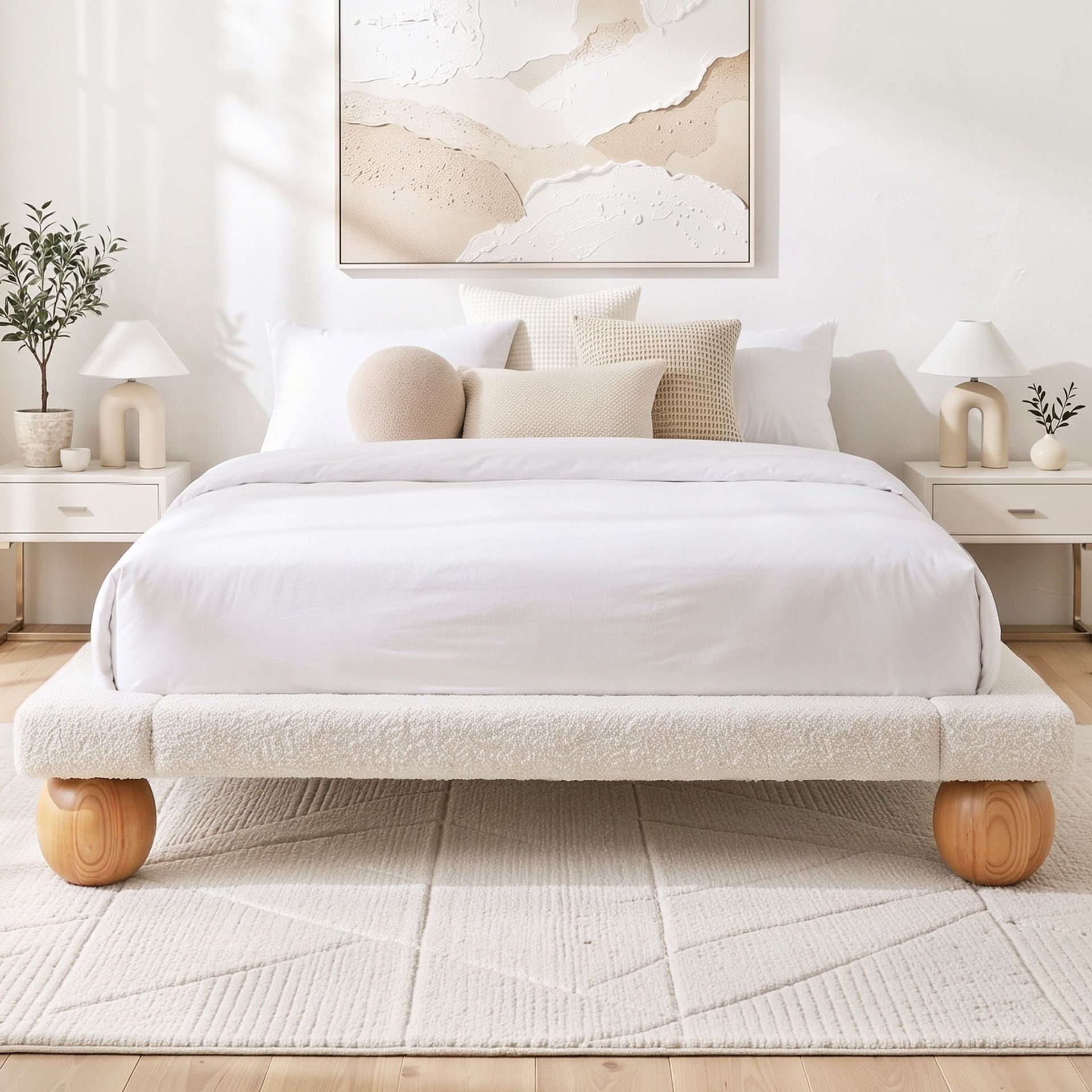 Artiss Queen Bed Frame with Boucle Upholstery and Solid Rubber Wood Legs Artiss