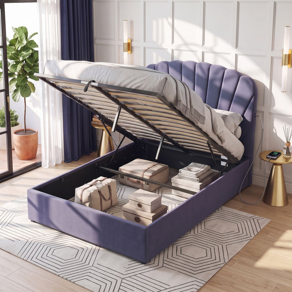 Artiss Double Bed Frame with Lift Up Storage and USB Ports Grey Awezingly