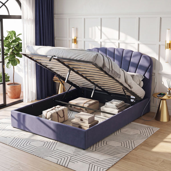 Artiss Queen Bed Frame with Lift Up Storage and USB Ports Grey Awezingly