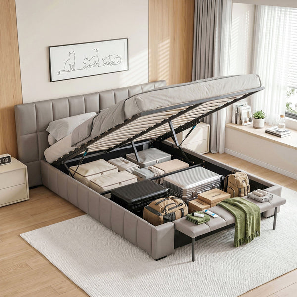 Artiss Double Size Upholstered Gas Lift Bed Frame with Foldable Bench PVC Leather Platform Bed with Storage Artiss