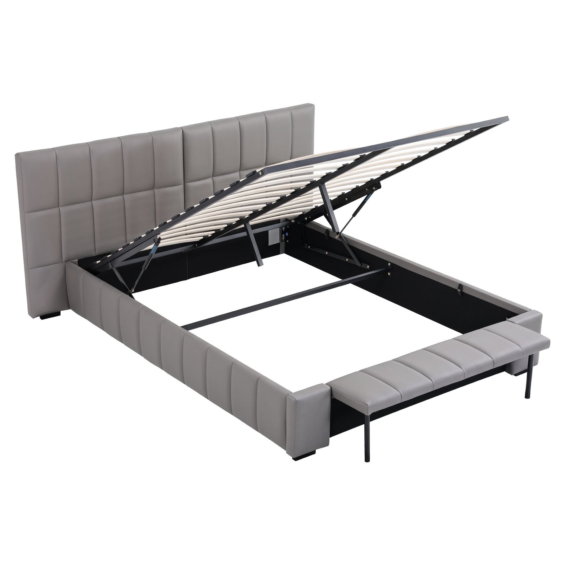 Artiss Double Size Upholstered Gas Lift Bed Frame with Foldable Bench PVC Leather Platform Bed with Storage Artiss