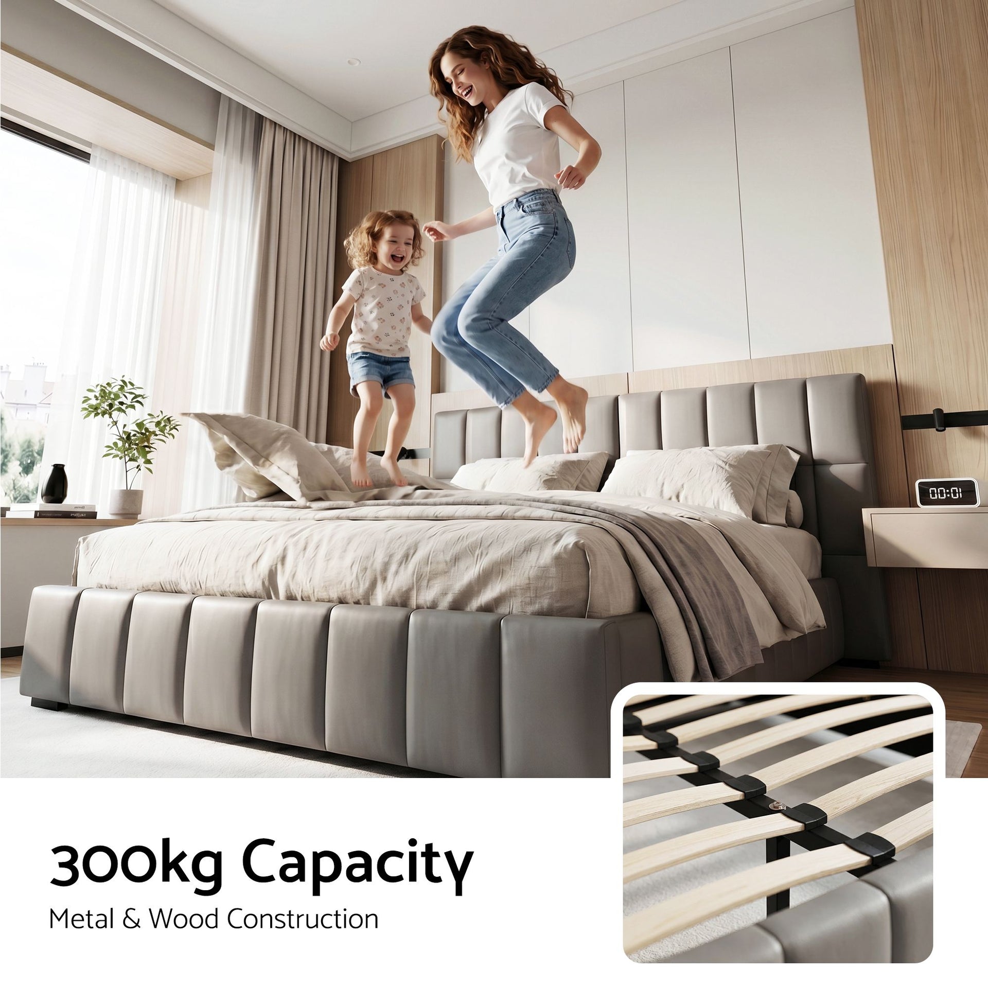 Artiss Double Size Upholstered Gas Lift Bed Frame with Foldable Bench PVC Leather Platform Bed with Storage Artiss