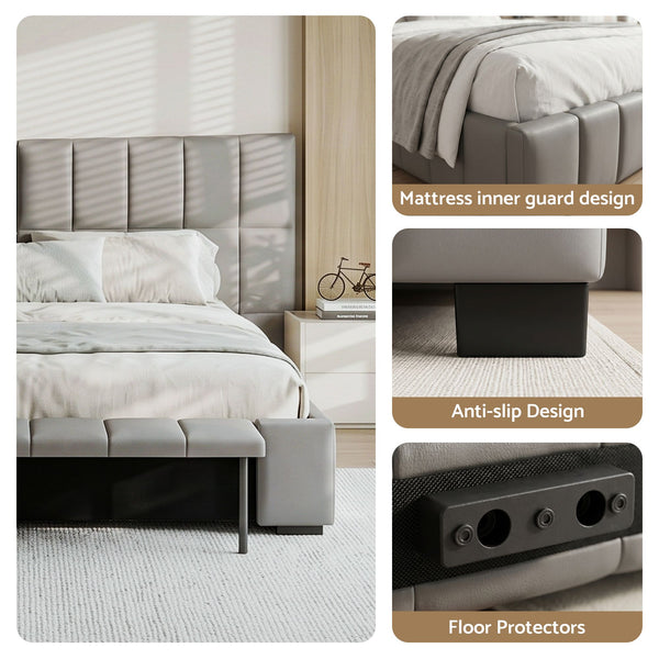 Artiss Double Size Upholstered Gas Lift Bed Frame with Foldable Bench PVC Leather Platform Bed with Storage Artiss
