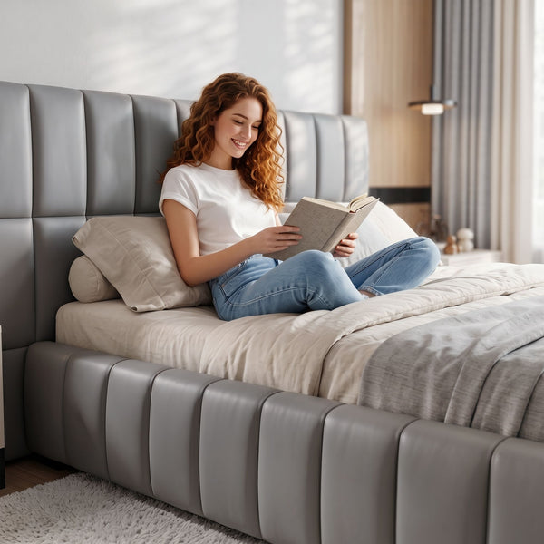 Artiss Double Size Upholstered Gas Lift Bed Frame with Foldable Bench PVC Leather Platform Bed with Storage Artiss