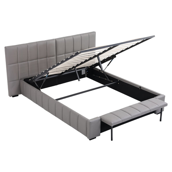 Artiss Queen Size Upholstered Gas Lift Bed Frame with Foldable Bench PVC Leather Platform Bed with Storage Artiss